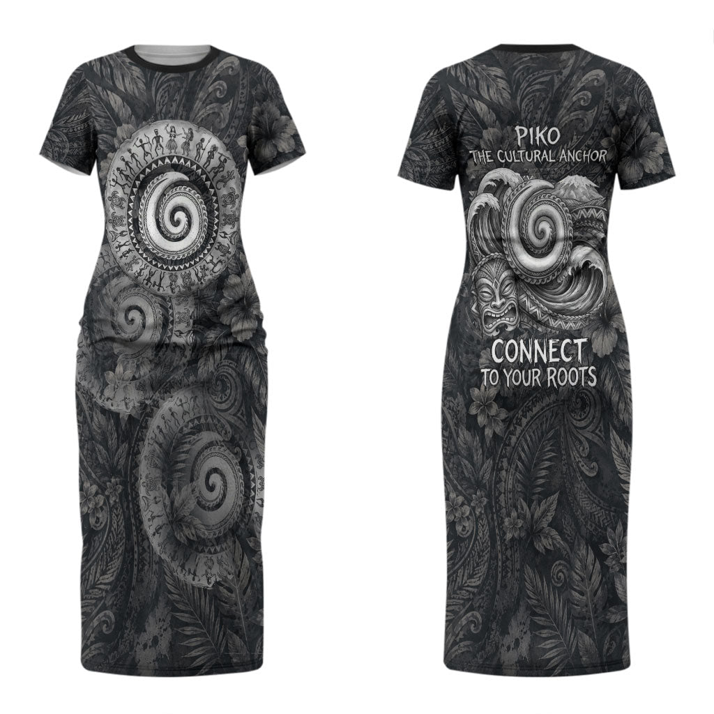 Hawaiian Piko Couples Matching Short Sleeve Bodycon Dress and Hawaiian Shirt Cultural Anchor Connect Your Roots Ocean Waves