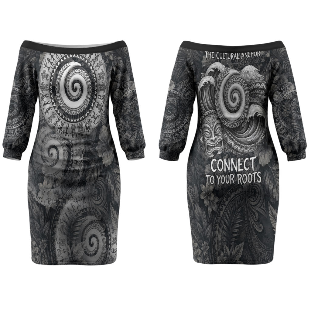 Hawaiian Piko Family Matching Off The Shoulder Long Sleeve Dress and Hawaiian Shirt Cultural Anchor Connect Your Roots Ocean Waves