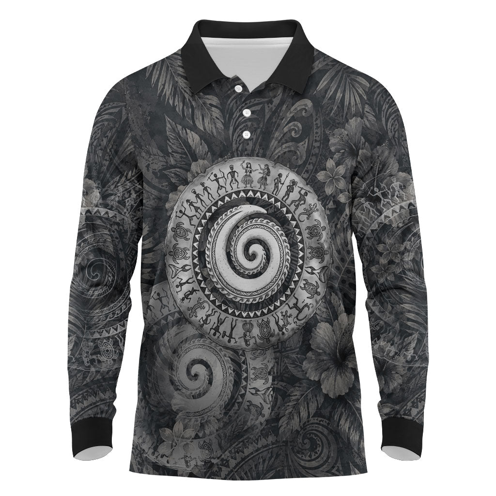 Hawaiian Piko Long Sleeve Polo Shirt Cultural Anchor Connect Your Roots Ocean Waves