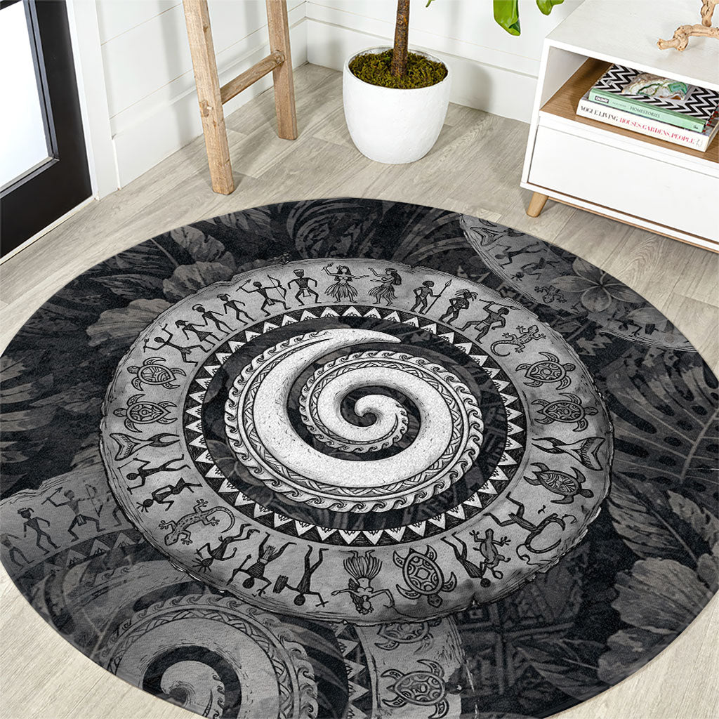 Hawaiian Piko Round Carpet Cultural Anchor Connect Your Roots Ocean Waves TS04 Black Grey - Polynesian Pride