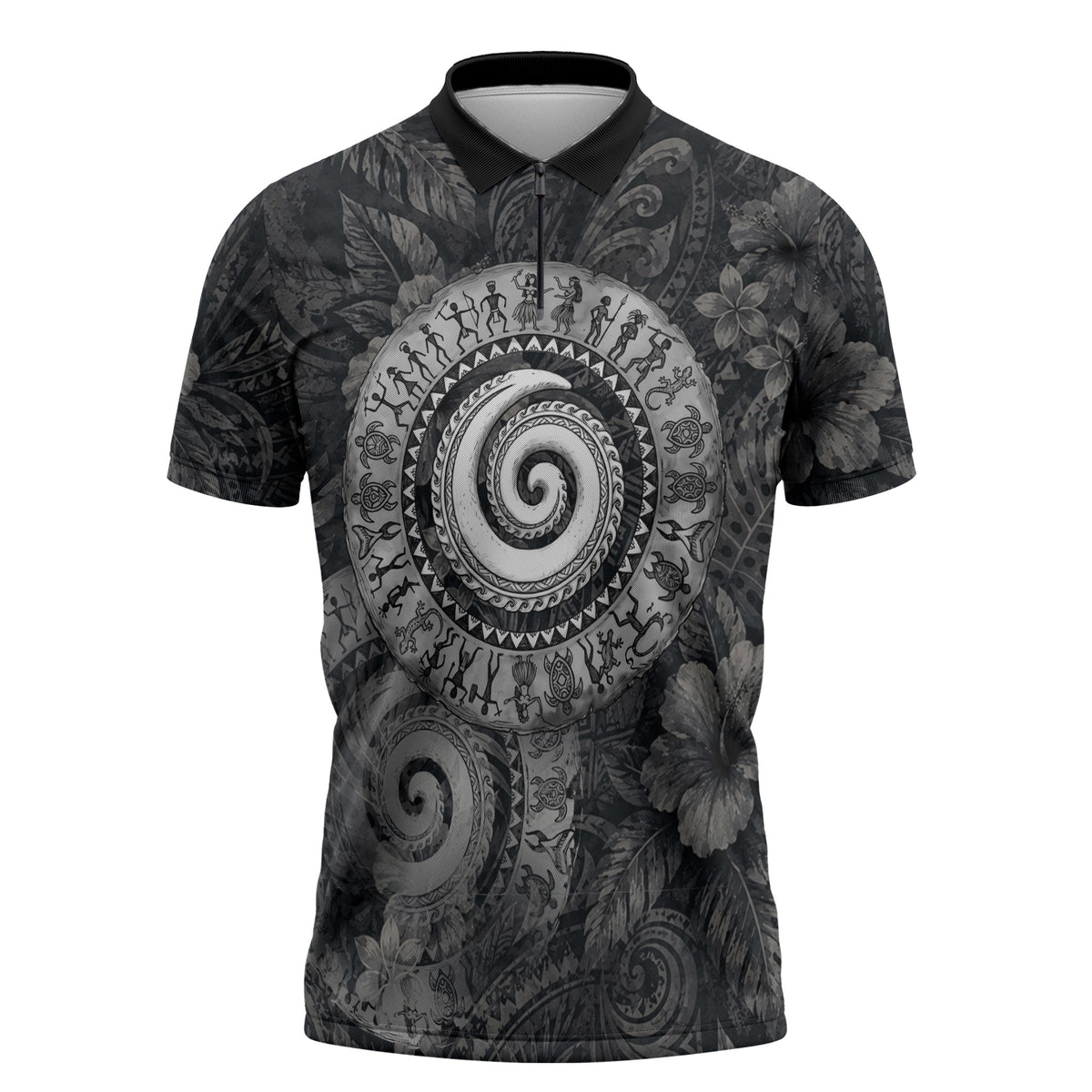 Hawaiian Piko Zipper Polo Shirt Cultural Anchor Connect Your Roots Ocean Waves