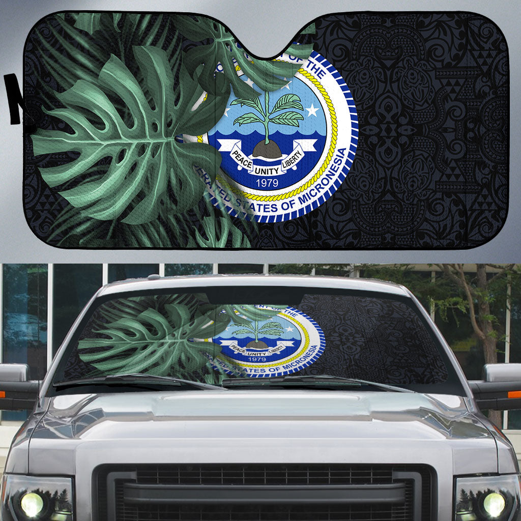 Federated States Of Micronesia Auto Sun Shade FSM Tropical Monstera Leaf Dark Tribal Pattern TS04 Black Green - Polynesian Pride