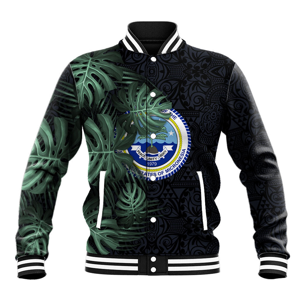 Federated States Of Micronesia Baseball Jacket FSM Tropical Monstera Leaf Dark Tribal Pattern