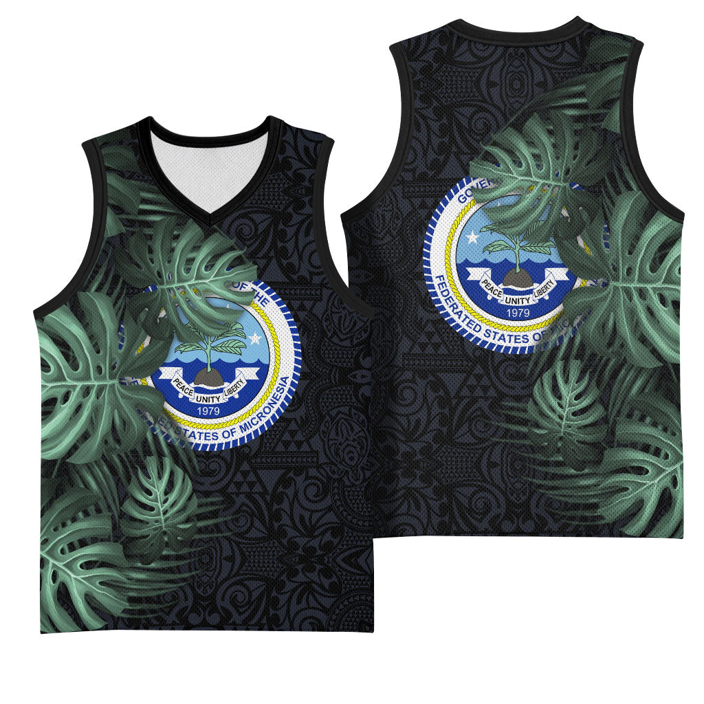 Federated States Of Micronesia Basketball Jersey FSM Tropical Monstera Leaf Dark Tribal Pattern
