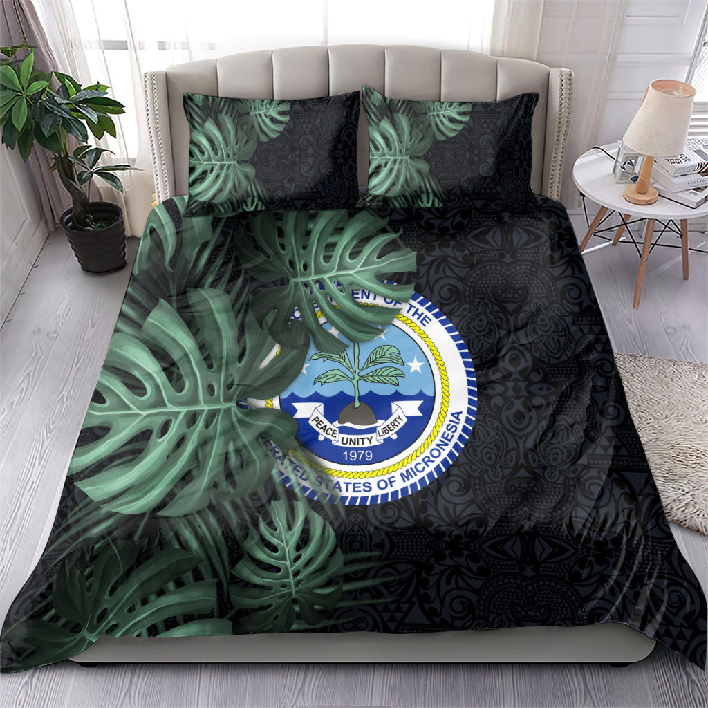 Federated States Of Micronesia Bedding Set FSM Tropical Monstera Leaf Dark Tribal Pattern TS04 - Polynesian Pride