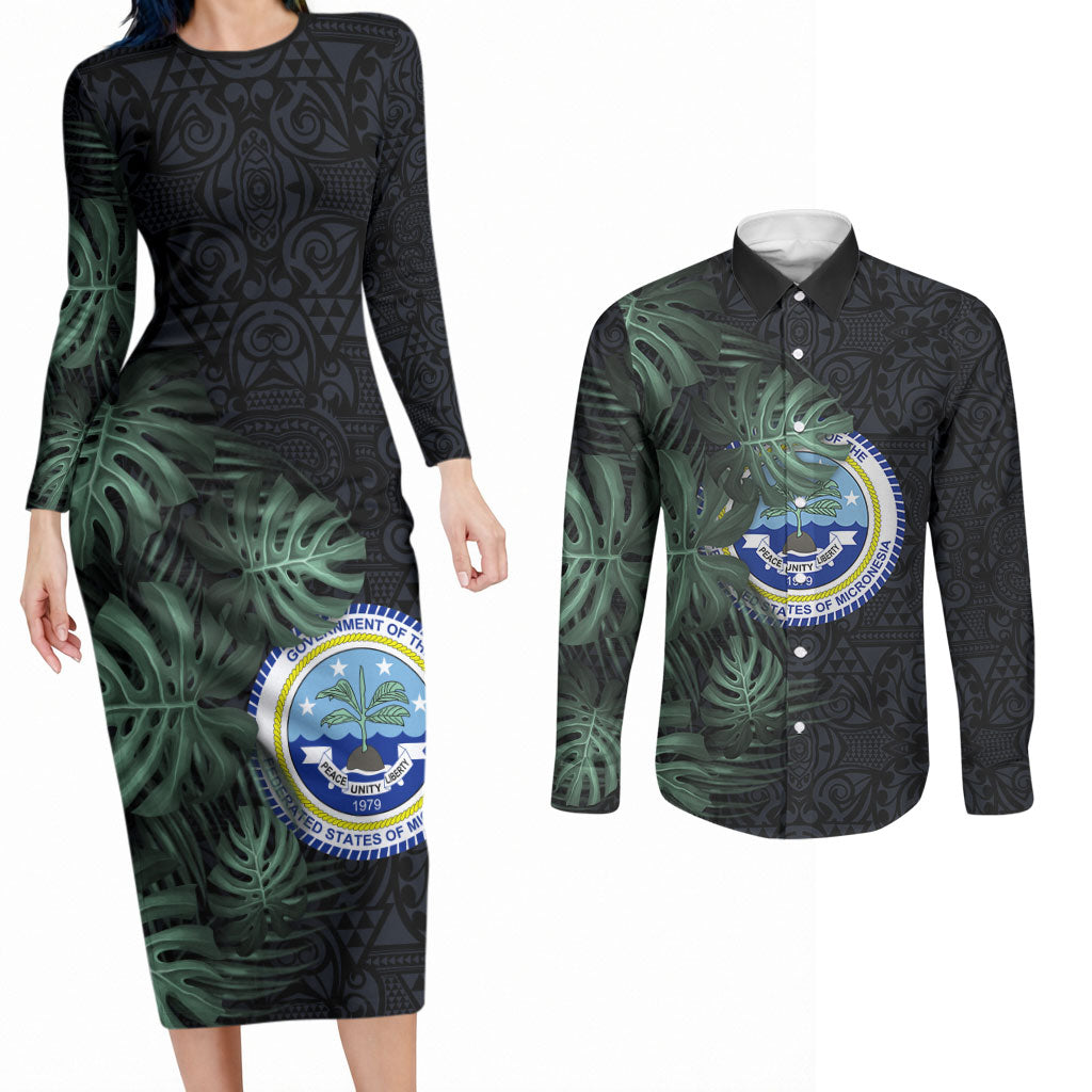 Federated States Of Micronesia Couples Matching Long Sleeve Bodycon Dress and Long Sleeve Button Shirt FSM Tropical Monstera Leaf Dark Tribal Pattern