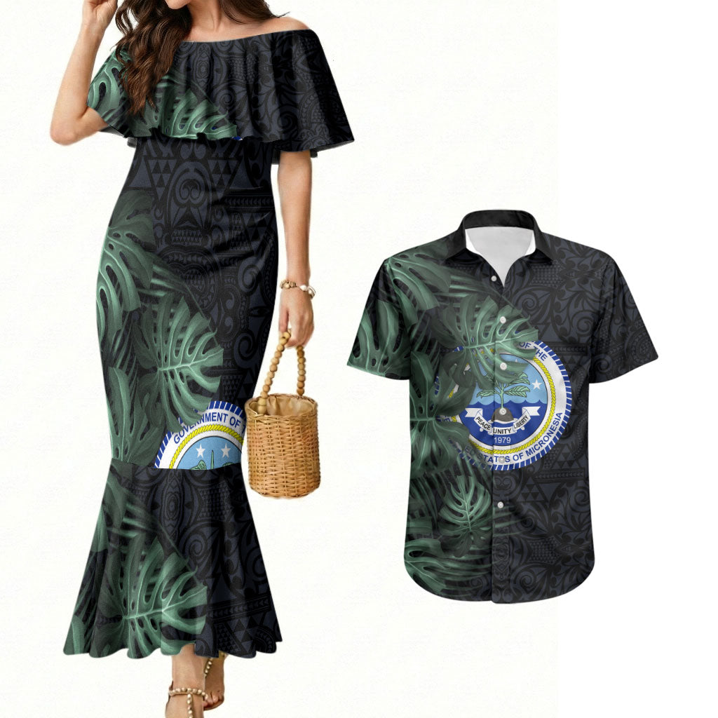 Federated States Of Micronesia Couples Matching Mermaid Dress and Hawaiian Shirt FSM Tropical Monstera Leaf Dark Tribal Pattern