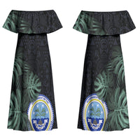 Federated States Of Micronesia Couples Matching Off Shoulder Maxi Dress and Hawaiian Shirt FSM Tropical Monstera Leaf Dark Tribal Pattern