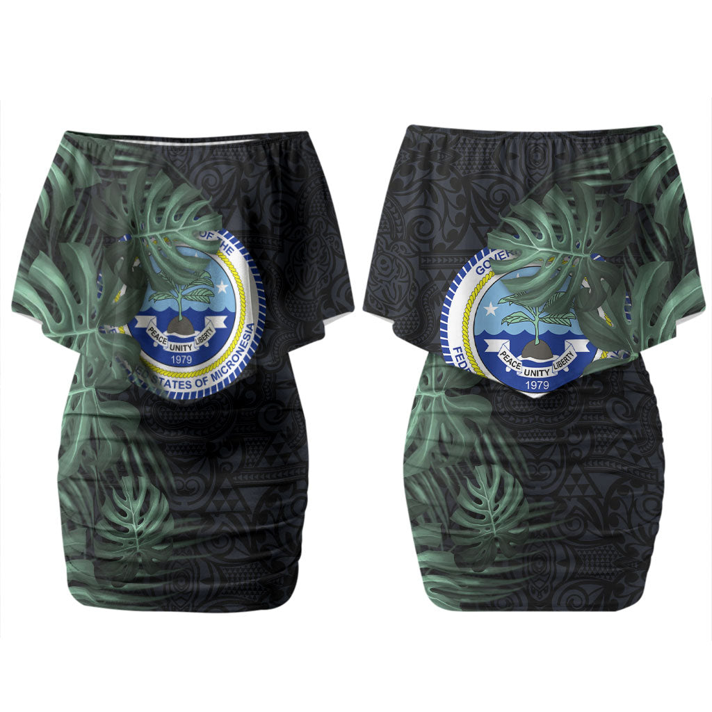 Federated States Of Micronesia Couples Matching Off Shoulder Short Dress and Long Sleeve Button Shirt FSM Tropical Monstera Leaf Dark Tribal Pattern