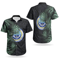 Federated States Of Micronesia Couples Matching Off The Shoulder Long Sleeve Dress and Hawaiian Shirt FSM Tropical Monstera Leaf Dark Tribal Pattern