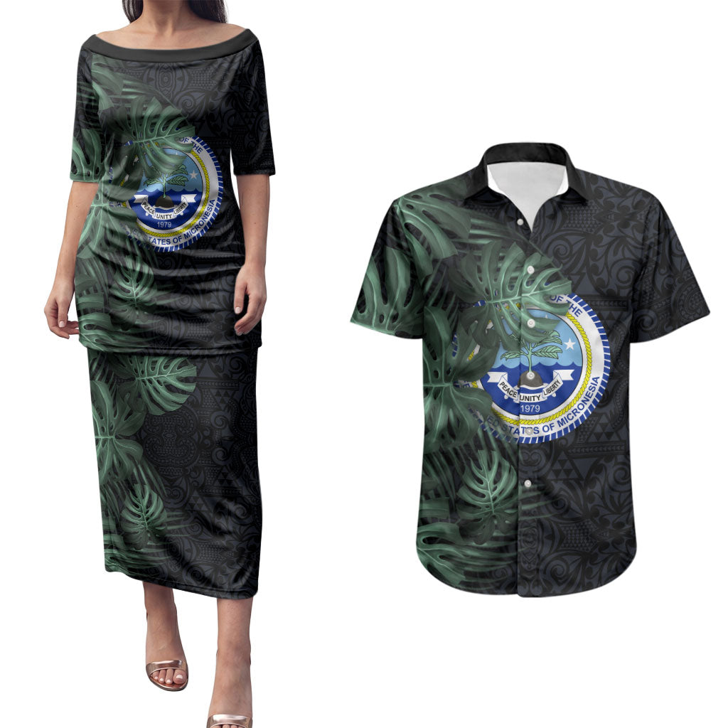 Federated States Of Micronesia Couples Matching Puletasi and Hawaiian Shirt FSM Tropical Monstera Leaf Dark Tribal Pattern TS04 Black Green - Polynesian Pride
