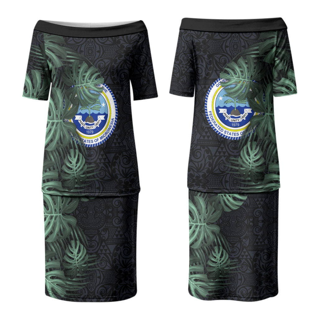 Federated States Of Micronesia Couples Matching Puletasi and Long Sleeve Button Shirt FSM Tropical Monstera Leaf Dark Tribal Pattern