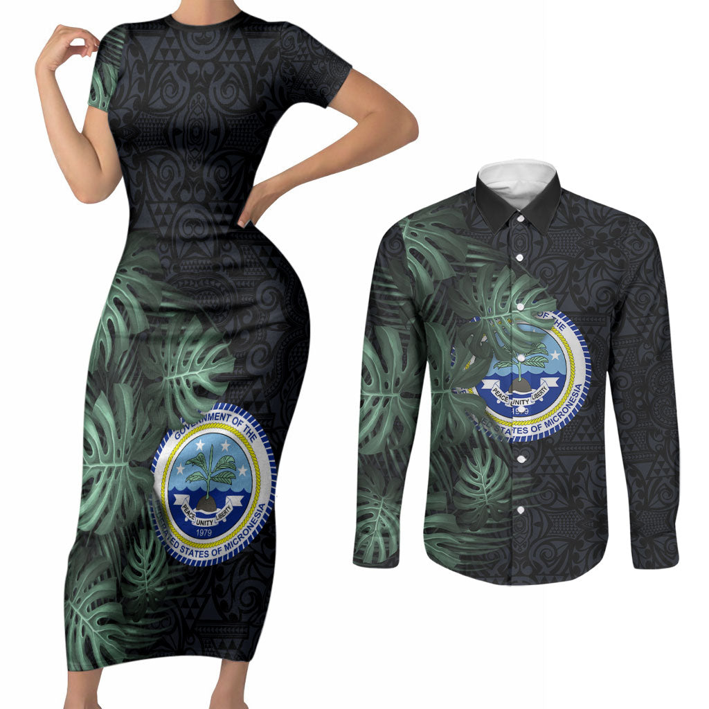 Federated States Of Micronesia Couples Matching Short Sleeve Bodycon Dress and Long Sleeve Button Shirt FSM Tropical Monstera Leaf Dark Tribal Pattern