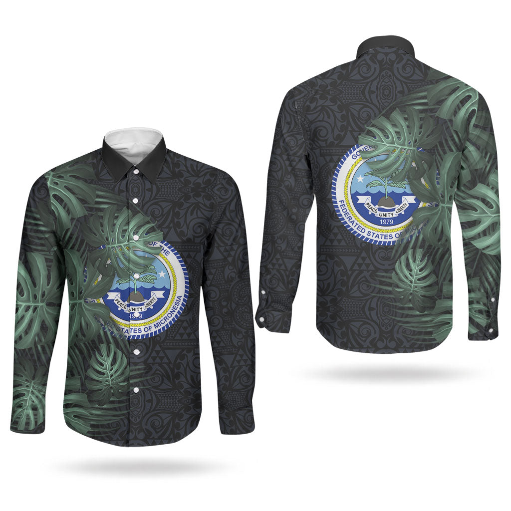 Federated States Of Micronesia Couples Matching Summer Maxi Dress and Long Sleeve Button Shirt FSM Tropical Monstera Leaf Dark Tribal Pattern