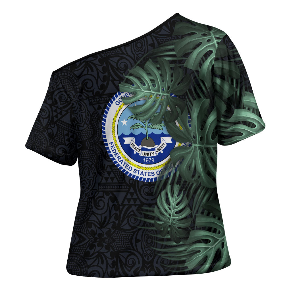 Federated States Of Micronesia Cross Shoulder Shirt FSM Tropical Monstera Leaf Dark Tribal Pattern
