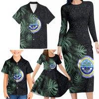 Federated States Of Micronesia Family Matching Long Sleeve Bodycon Dress and Hawaiian Shirt FSM Tropical Monstera Leaf Dark Tribal Pattern