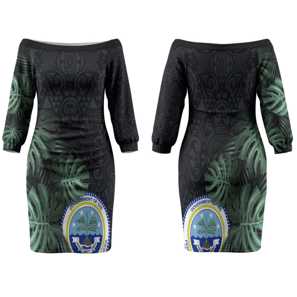 Federated States Of Micronesia Family Matching Off The Shoulder Long Sleeve Dress and Hawaiian Shirt FSM Tropical Monstera Leaf Dark Tribal Pattern
