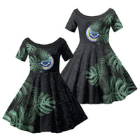 Federated States Of Micronesia Family Matching Off The Shoulder Long Sleeve Dress and Hawaiian Shirt FSM Tropical Monstera Leaf Dark Tribal Pattern