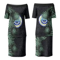 Federated States Of Micronesia Family Matching Puletasi and Hawaiian Shirt FSM Tropical Monstera Leaf Dark Tribal Pattern