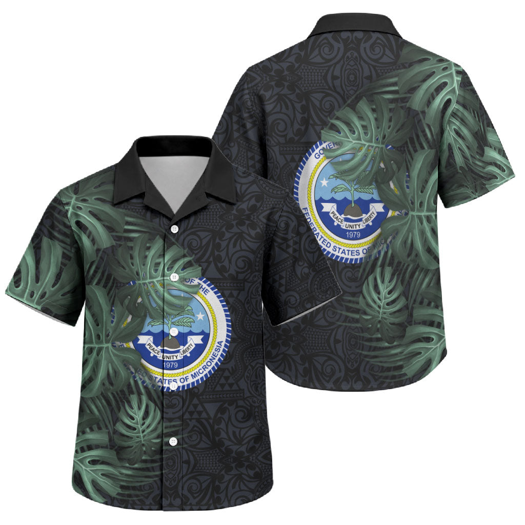 Federated States Of Micronesia Family Matching Puletasi and Hawaiian Shirt FSM Tropical Monstera Leaf Dark Tribal Pattern