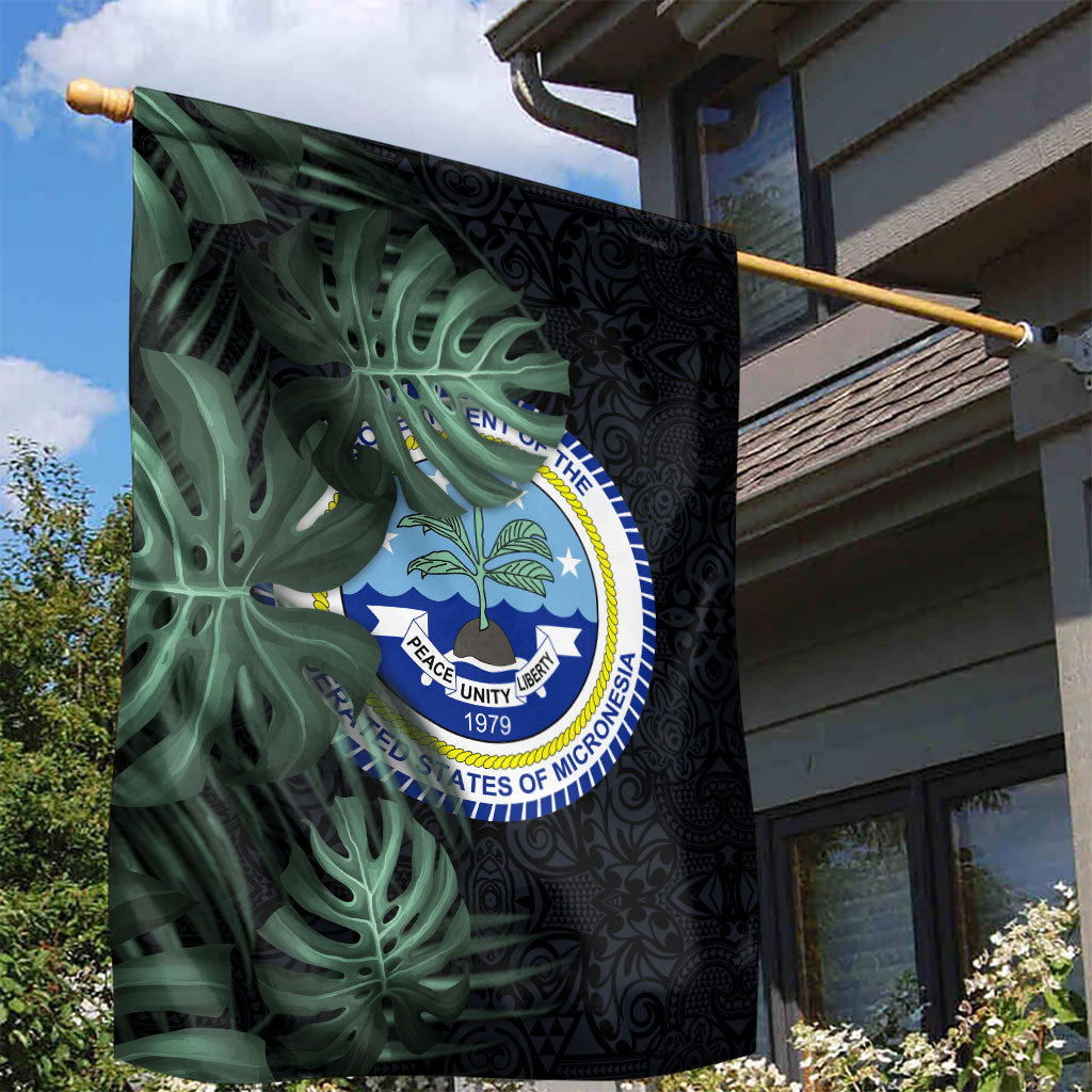 Federated States Of Micronesia Garden Flag FSM Tropical Monstera Leaf Dark Tribal Pattern