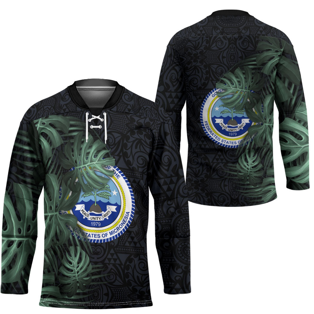 Federated States Of Micronesia Hockey Jersey FSM Tropical Monstera Leaf Dark Tribal Pattern