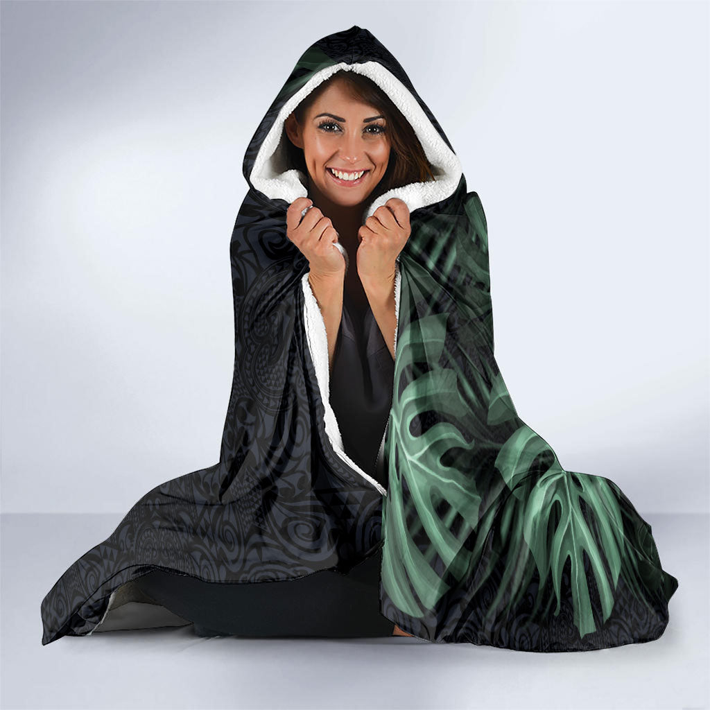 Federated States Of Micronesia Hooded Blanket FSM Tropical Monstera Leaf Dark Tribal Pattern