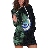 Federated States Of Micronesia Hoodie Dress FSM Tropical Monstera Leaf Dark Tribal Pattern