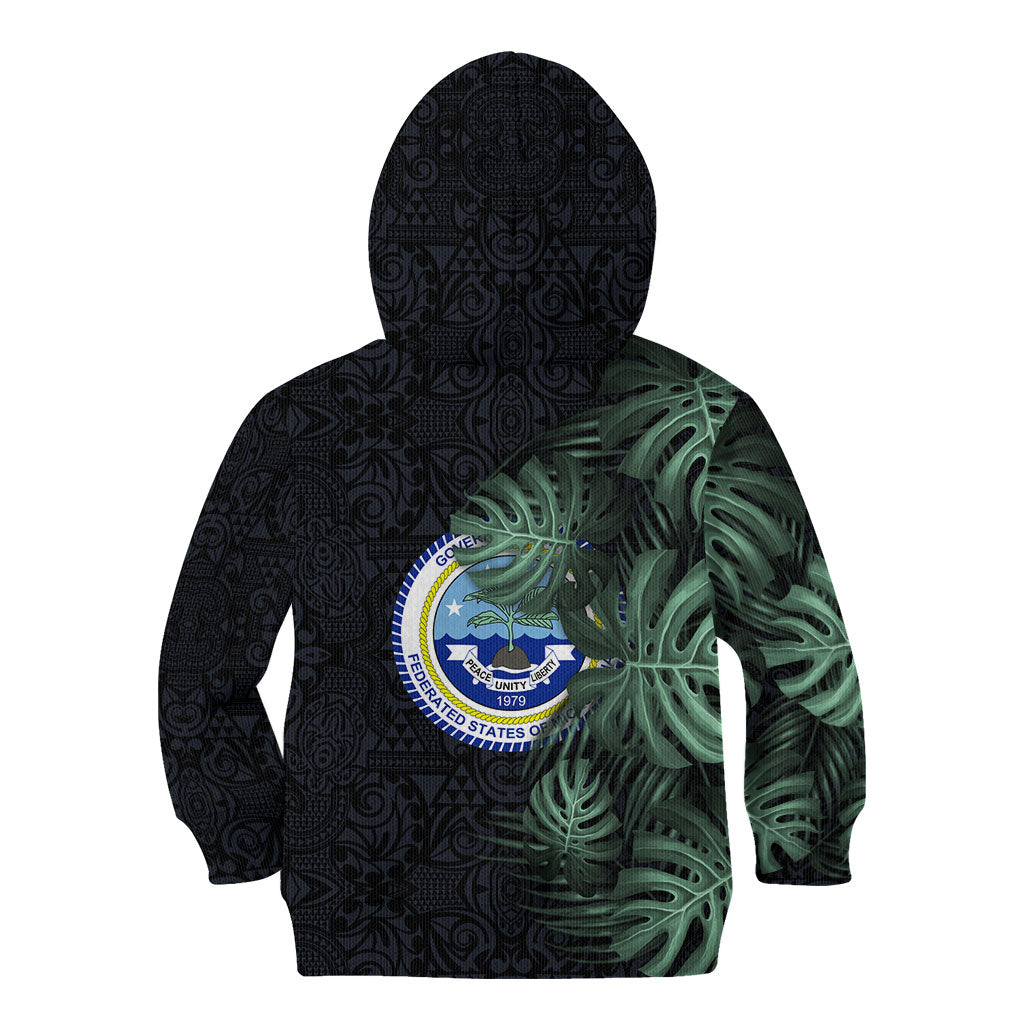 Federated States Of Micronesia Kid Hoodie FSM Tropical Monstera Leaf Dark Tribal Pattern