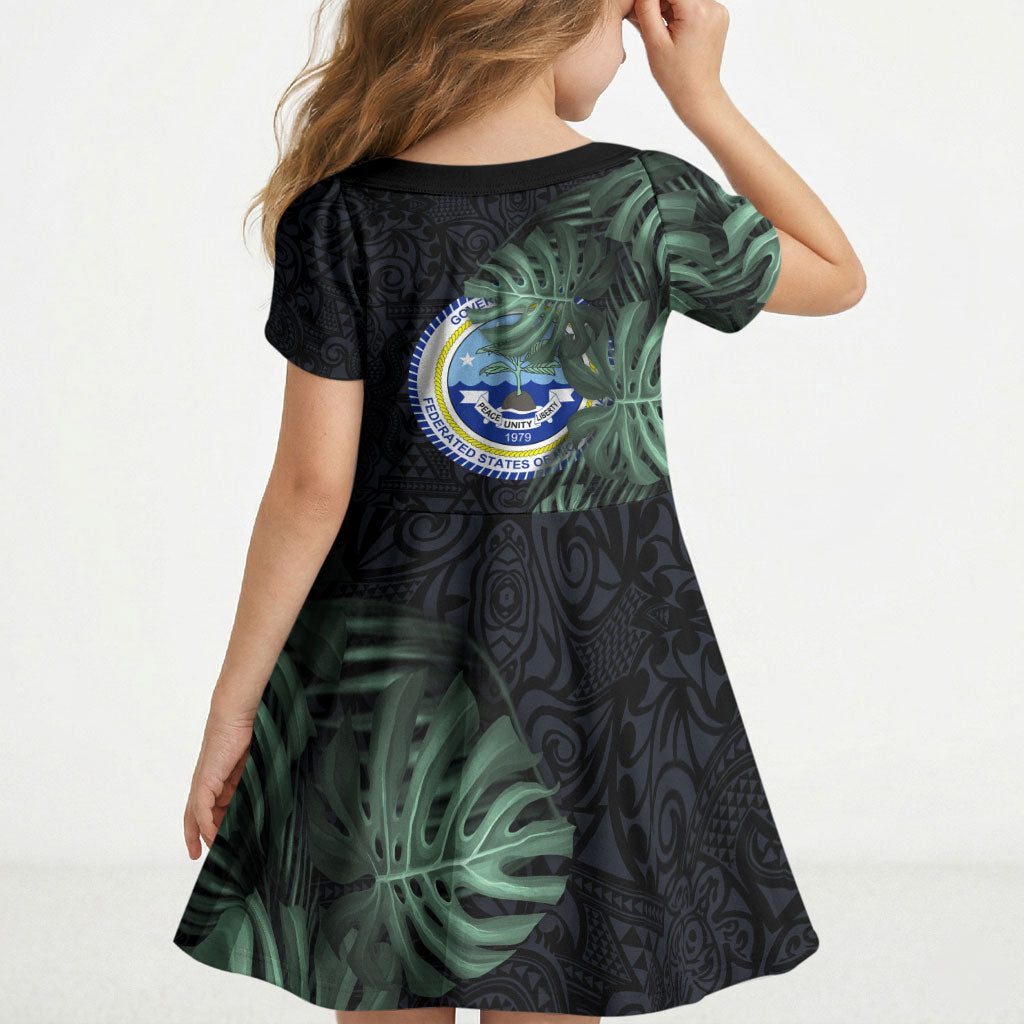 Federated States Of Micronesia Kid Short Sleeve Dress FSM Tropical Monstera Leaf Dark Tribal Pattern