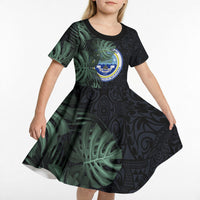 Federated States Of Micronesia Kid Short Sleeve Dress FSM Tropical Monstera Leaf Dark Tribal Pattern