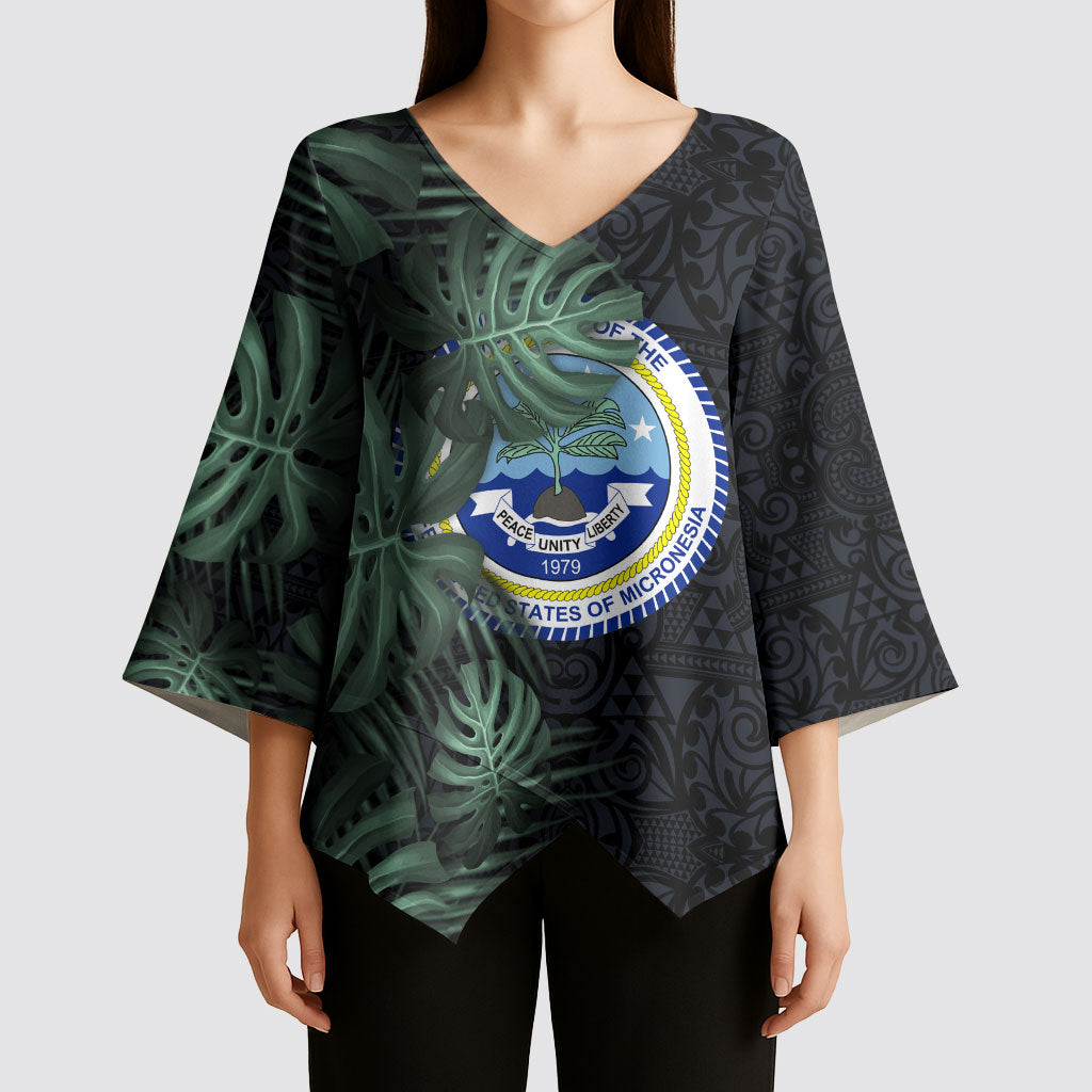 Federated States Of Micronesia Kimono Sleeve Blouse FSM Tropical Monstera Leaf Dark Tribal Pattern