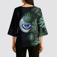 Federated States Of Micronesia Kimono Sleeve Blouse FSM Tropical Monstera Leaf Dark Tribal Pattern