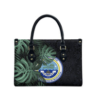 Federated States Of Micronesia Leather Bag FSM Tropical Monstera Leaf Dark Tribal Pattern