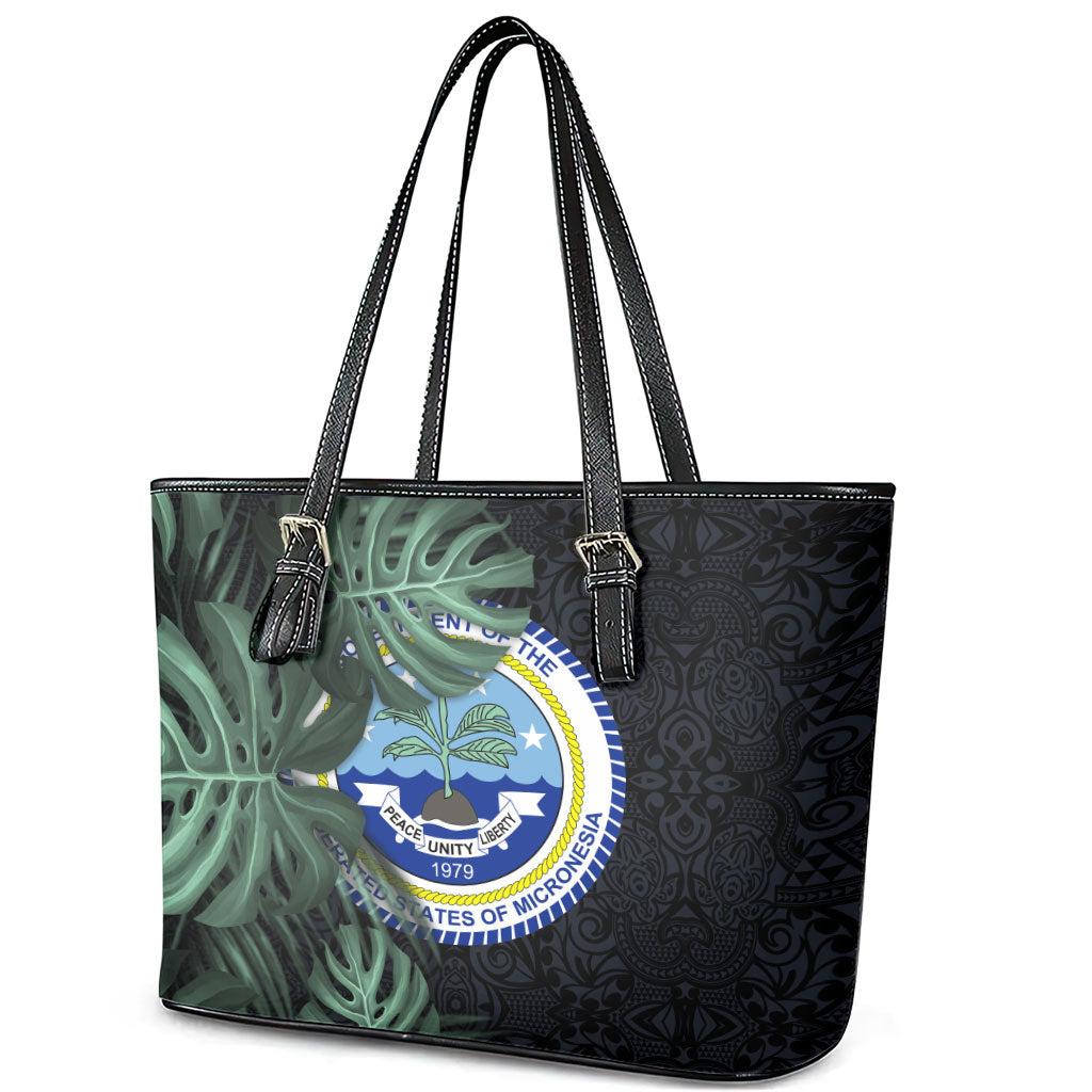 Federated States Of Micronesia Leather Tote Bag FSM Tropical Monstera Leaf Dark Tribal Pattern