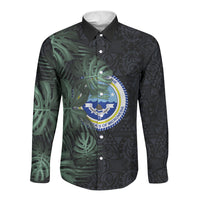 Federated States Of Micronesia Long Sleeve Button Shirt FSM Tropical Monstera Leaf Dark Tribal Pattern