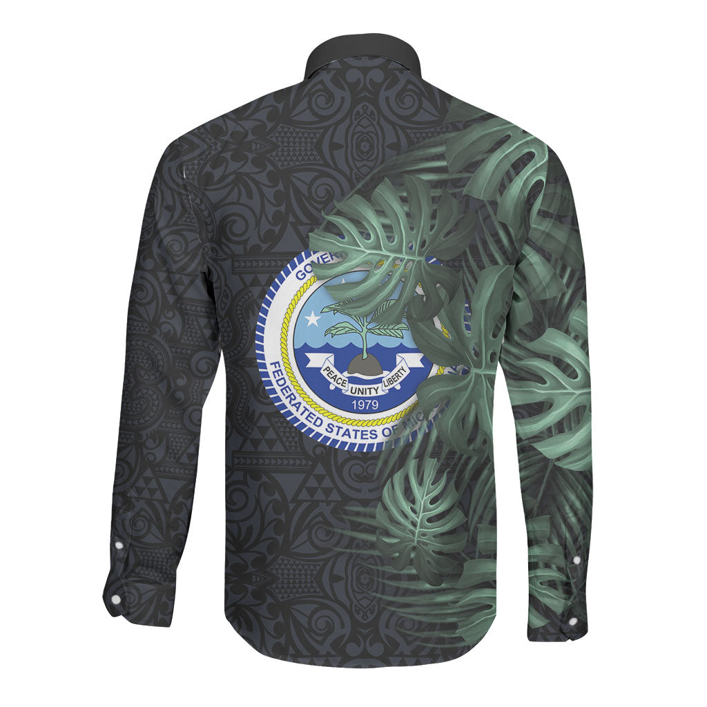 Federated States Of Micronesia Long Sleeve Button Shirt FSM Tropical Monstera Leaf Dark Tribal Pattern