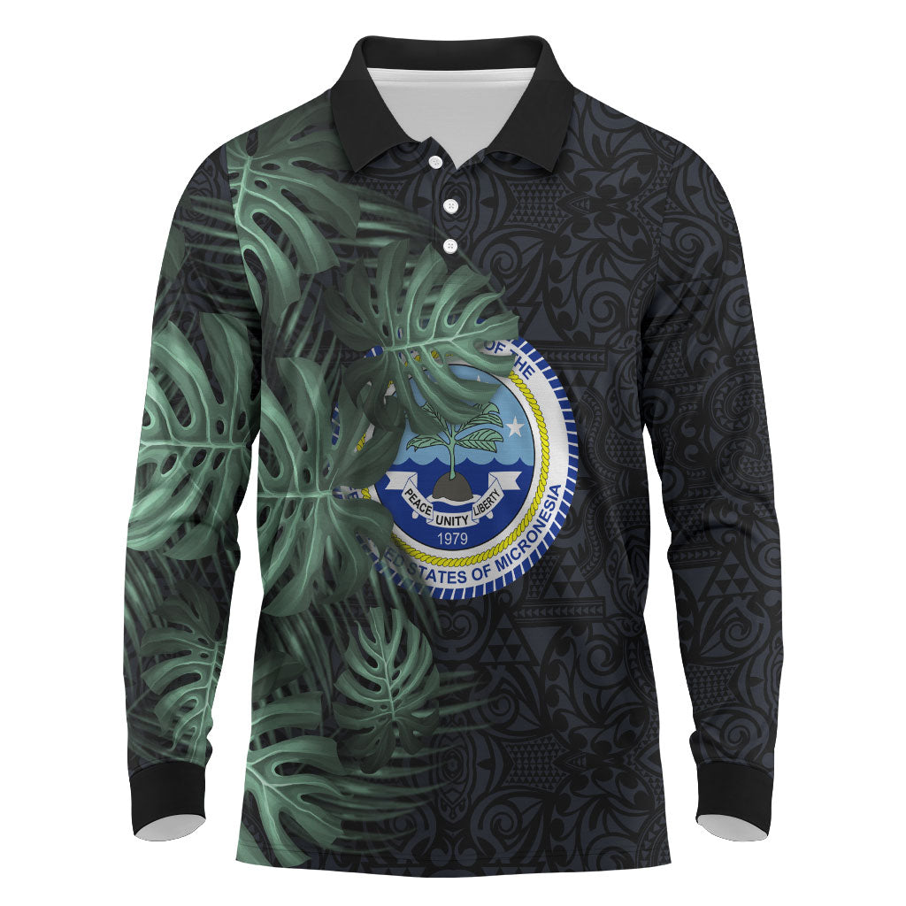 Federated States Of Micronesia Long Sleeve Polo Shirt FSM Tropical Monstera Leaf Dark Tribal Pattern