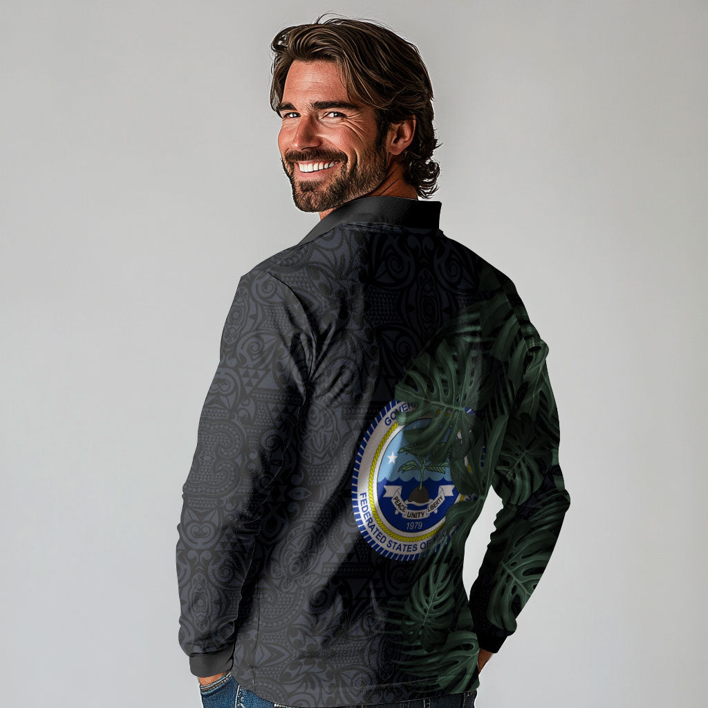 Federated States Of Micronesia Long Sleeve Polo Shirt FSM Tropical Monstera Leaf Dark Tribal Pattern