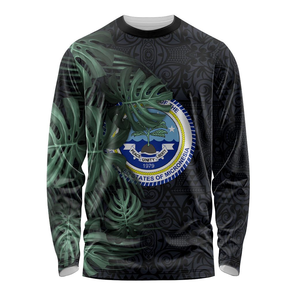 Federated States Of Micronesia Long Sleeve Shirt FSM Tropical Monstera Leaf Dark Tribal Pattern