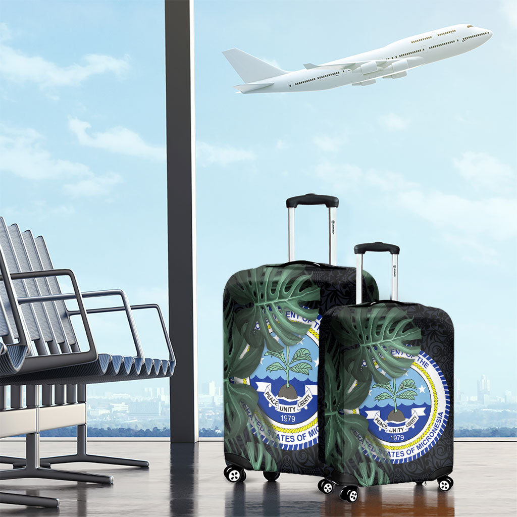 Federated States Of Micronesia Luggage Cover FSM Tropical Monstera Leaf Dark Tribal Pattern