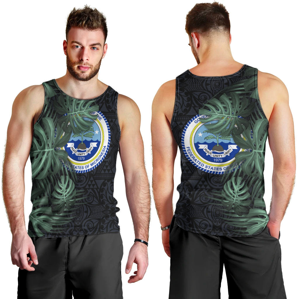 Federated States Of Micronesia Men Tank Top FSM Tropical Monstera Leaf Dark Tribal Pattern
