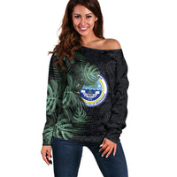 Federated States Of Micronesia Off Shoulder Sweater FSM Tropical Monstera Leaf Dark Tribal Pattern