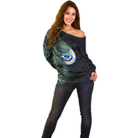 Federated States Of Micronesia Off Shoulder Sweater FSM Tropical Monstera Leaf Dark Tribal Pattern