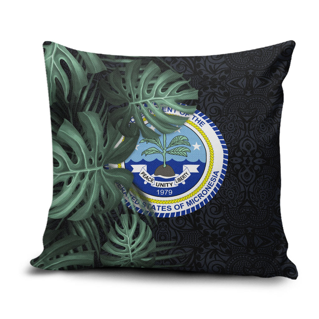 Federated States Of Micronesia Pillow Cover FSM Tropical Monstera Leaf Dark Tribal Pattern TS04 Black Green - Polynesian Pride