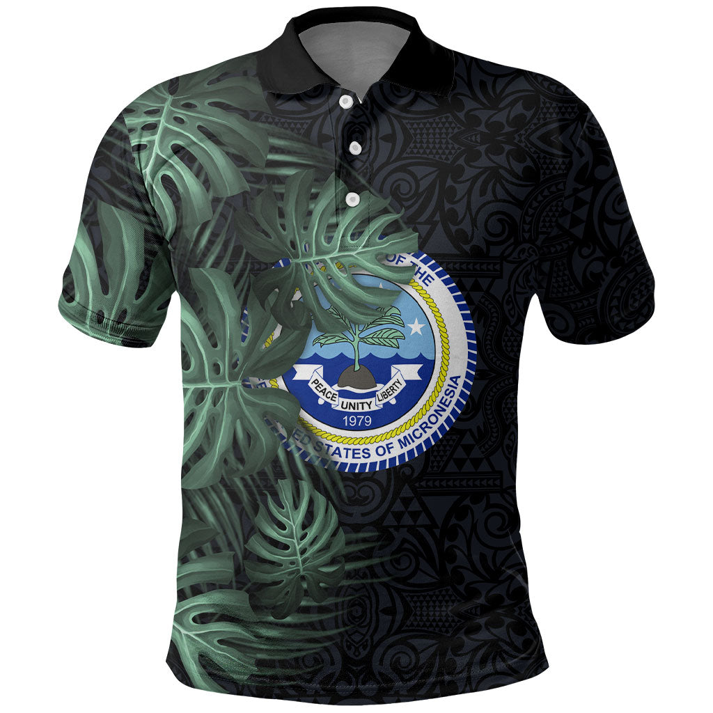 Federated States Of Micronesia Polo Shirt FSM Tropical Monstera Leaf Dark Tribal Pattern