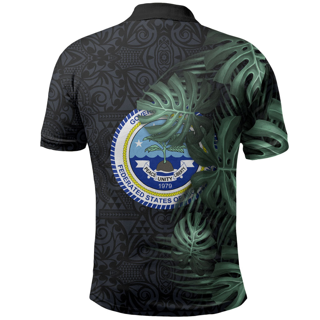 Federated States Of Micronesia Polo Shirt FSM Tropical Monstera Leaf Dark Tribal Pattern