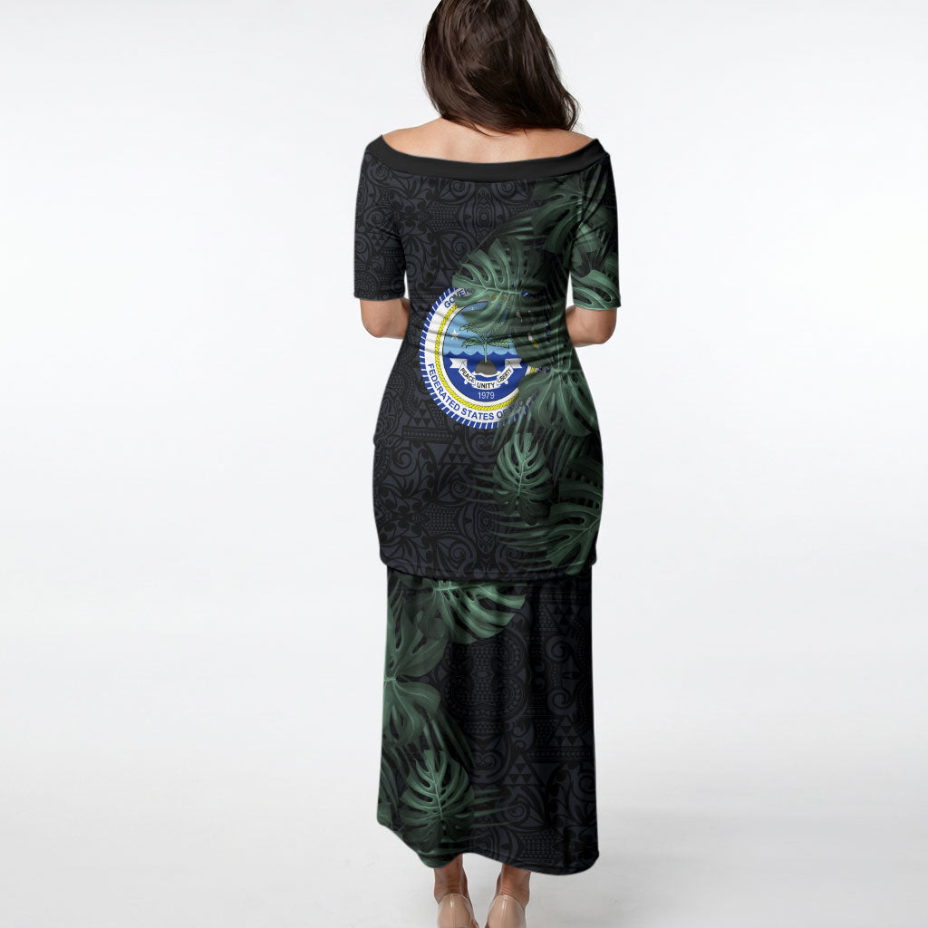 Federated States Of Micronesia Puletasi FSM Tropical Monstera Leaf Dark Tribal Pattern
