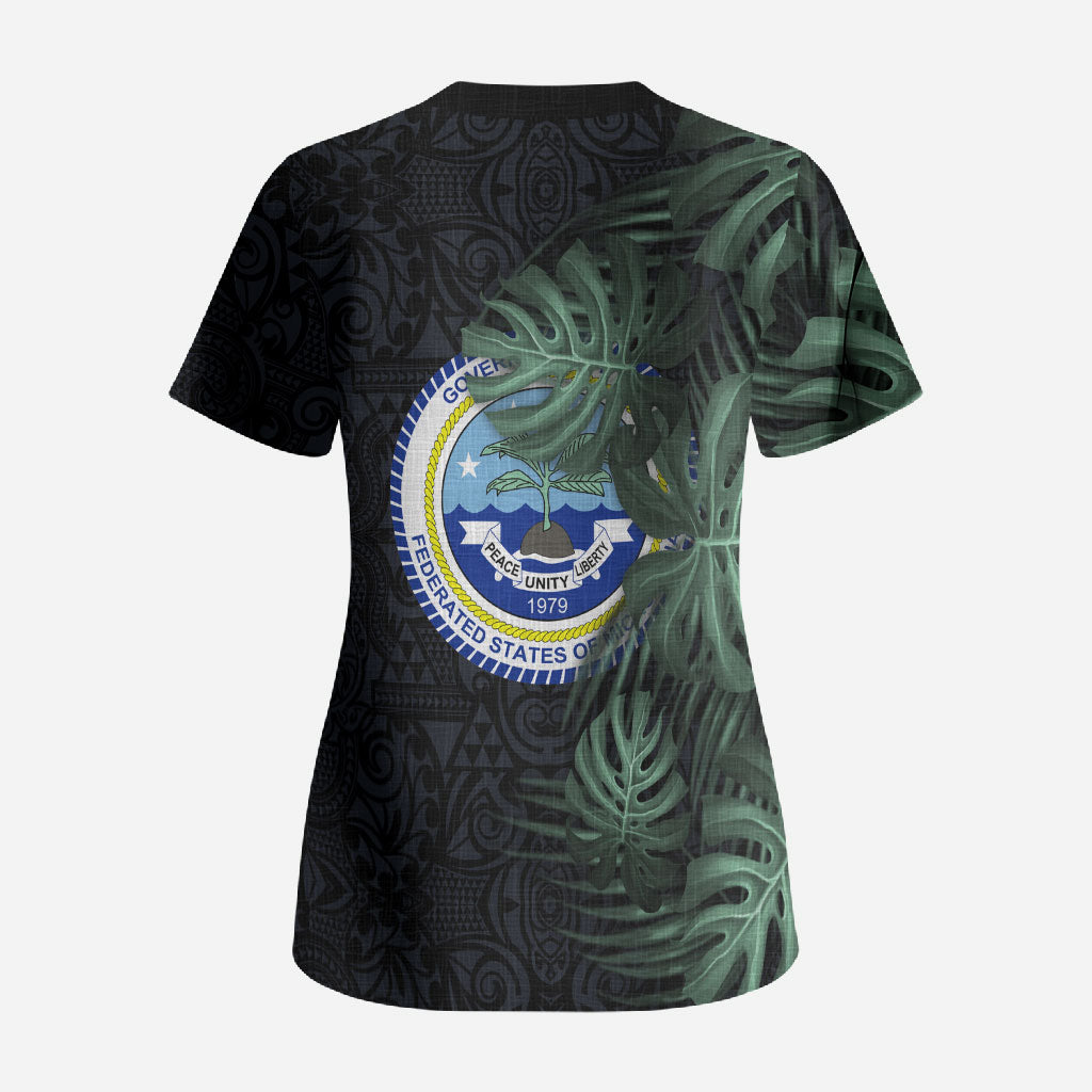 Federated States Of Micronesia Scrub Top FSM Tropical Monstera Leaf Dark Tribal Pattern