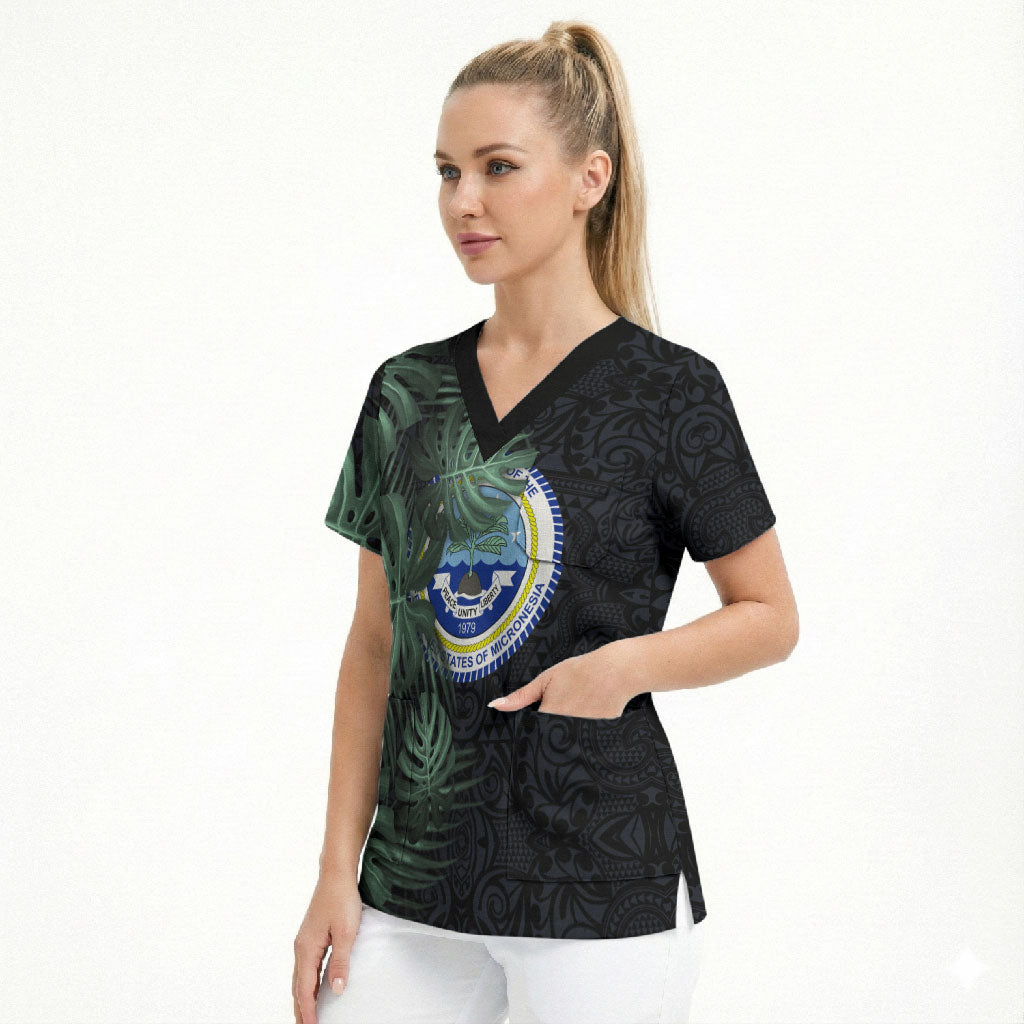 Federated States Of Micronesia Scrub Top FSM Tropical Monstera Leaf Dark Tribal Pattern